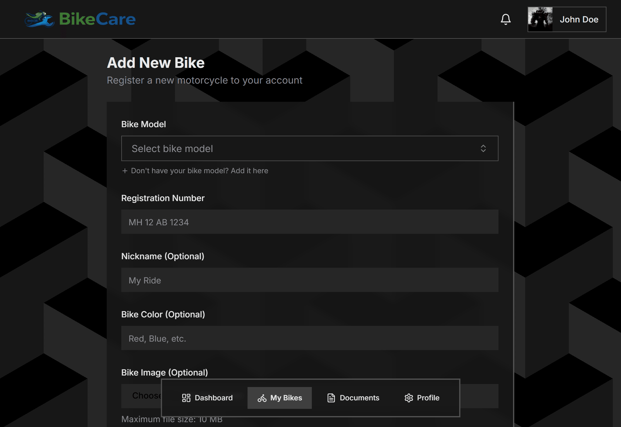 GearLog step 02: Register Your Bike — Search from a catalog of verified motorcycle and scooter models. Enter your regi
