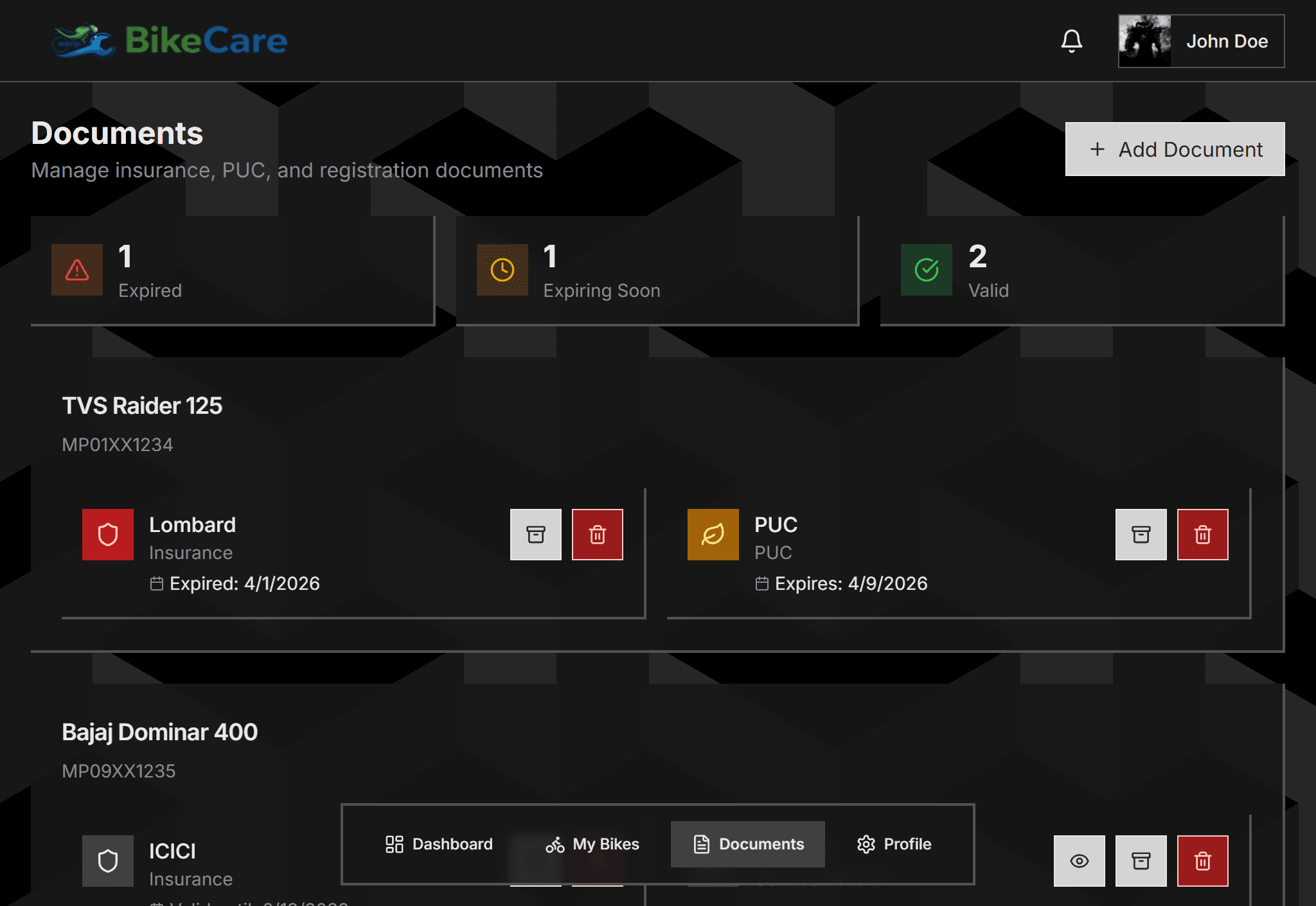 GearLog step 05: Upload Your Documents — Drag and drop your PUC, insurance, and RC. Set expiry dates and get email remind