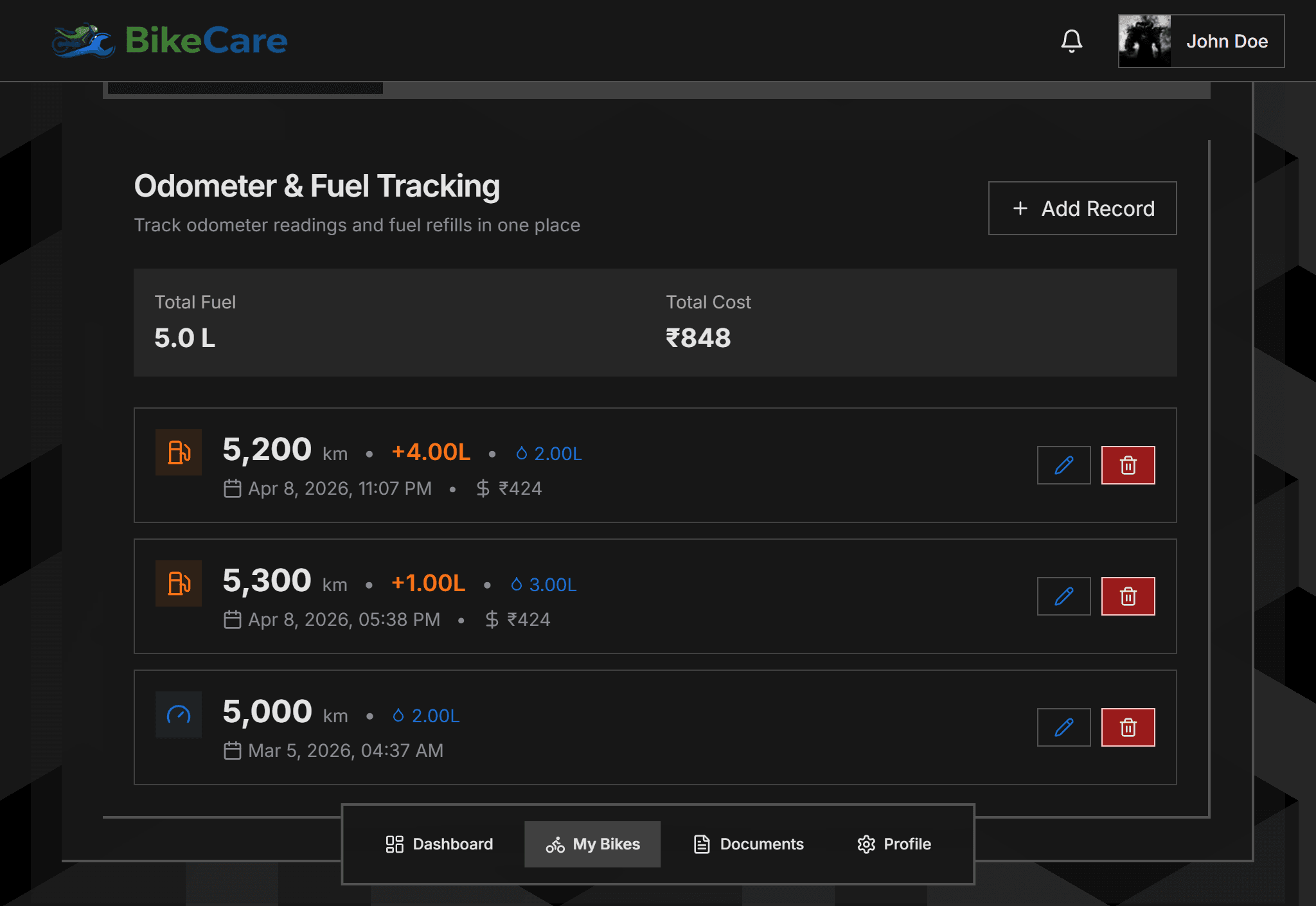 GearLog step 04: Log Rides and Fuel Fill-Ups — Record your odometer after each fill-up. GearLog calculates distance covered and