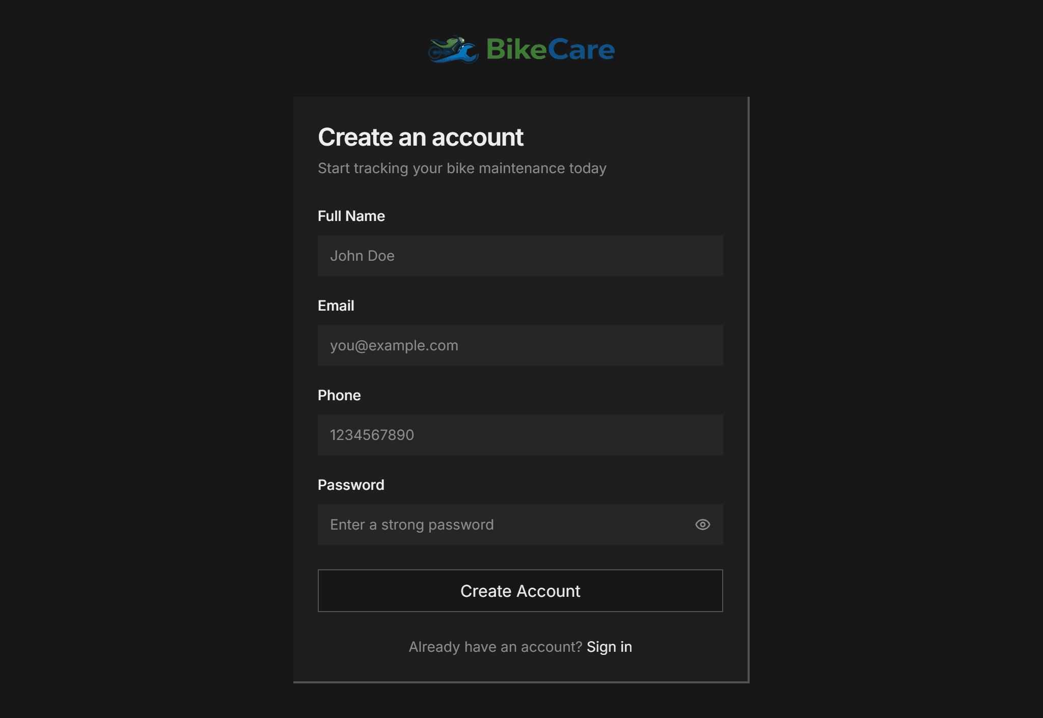 GearLog step 01: Create Your Account — Sign up with your name, email, and phone. Verify your email and you're in. Takes